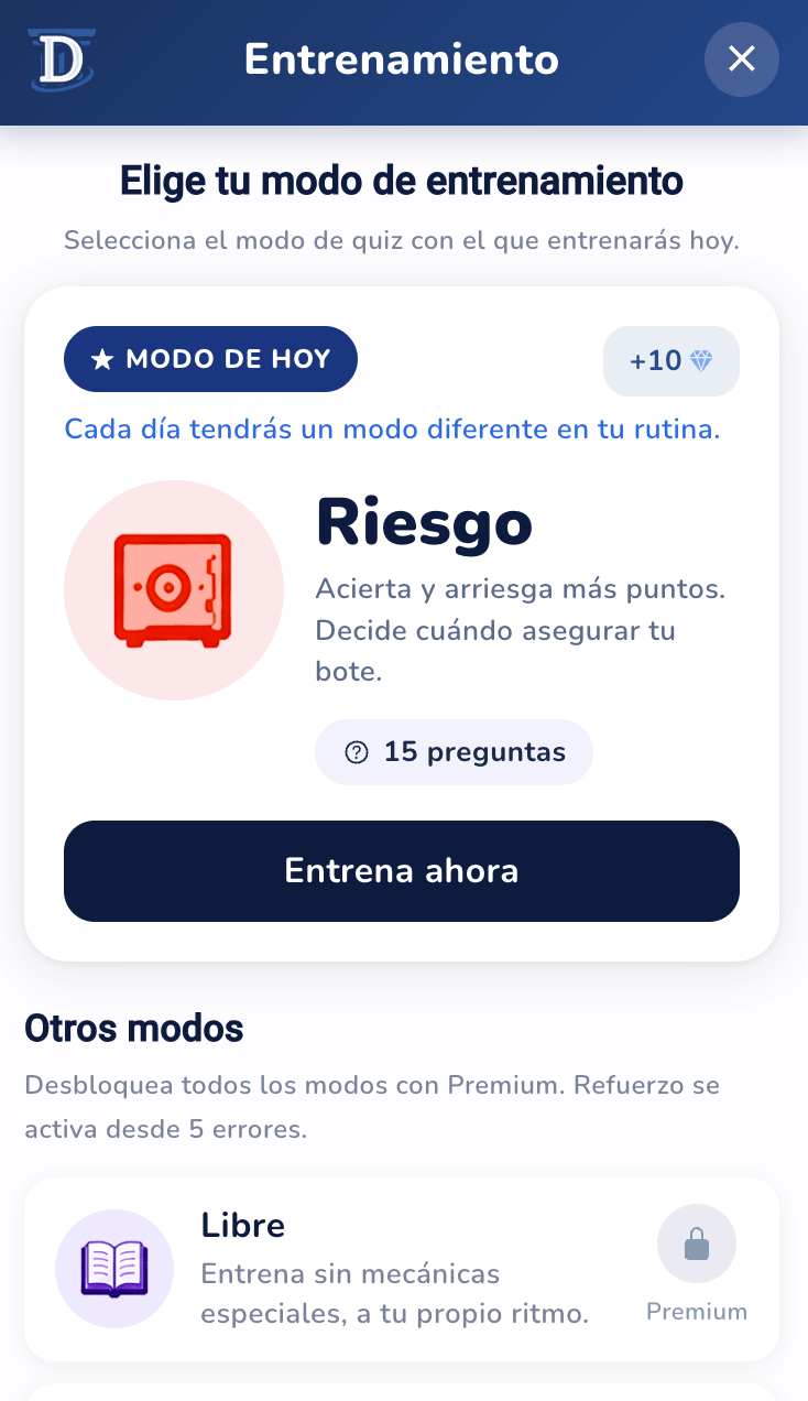 Pantalla de entrenamiento App Quiz
